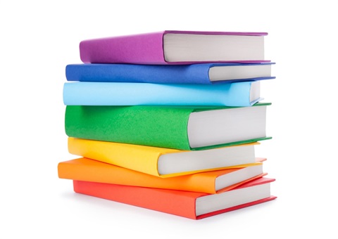A stack of brightly colored books