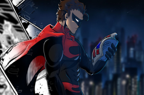 A drawing of Captain Customer reading a comic book against the backdrop of a city at night